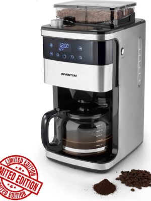Koffie Inventum KZ915GT - Grind & brew koffiezetapparaat - 1,5 liter - 12 kopjes - Verse bonen/Filterkoffie - Glazen kan - Display met timer - Zwart/RVS