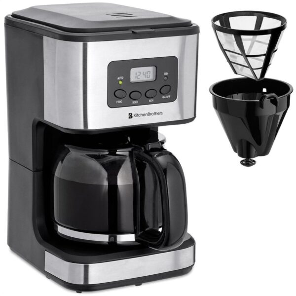 Koffie KitchenBrothers Koffiezetapparaat - Filterkoffie - met Glazen Kan - 12 Koppen - Zwart/RVS