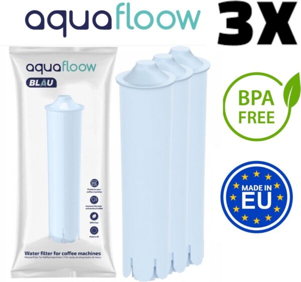 Koffie AquaFloow Blau waterfilter voor JURA koffiemachines 3 st. Filtervervanging: Jura Blauw. Levensduur filter: ongeveer 480 kopjes of 60 liter water.
