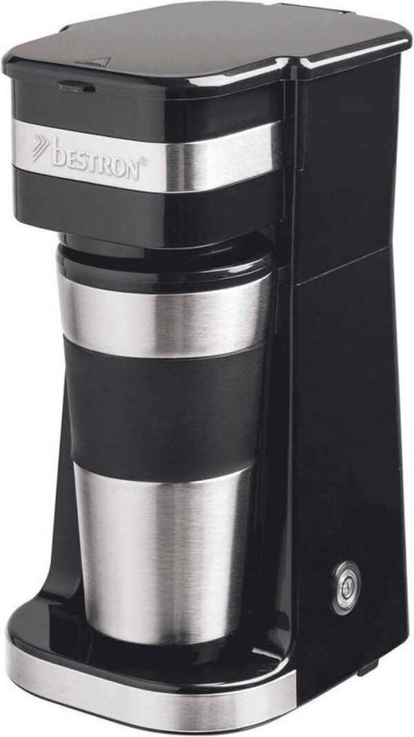 Koffie Bestron Koffiezetapparaat met thermosbeker, voor gemalen filterkoffie & ideal voor camping, 2 grote koppen, 750 Watt, rvs, Kleur: silver/zwart