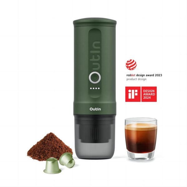 Koffie OutIn Nano - draagbare elektrische espressomachine - stijlvol en solide - verwarmt water - capsules & gemalen koffie - 20 bar - draagbare koffiemachine - reis & camping koffiezetapparaat 12 volt